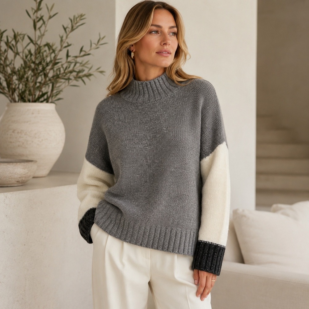 Michael Stars Womens Colorblock Mock Neck Knit Sweater M Quiet Luxury Fisherman‎